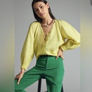 Anthropologie Maeve The Audie Linen Puff Sleeve Blouse
